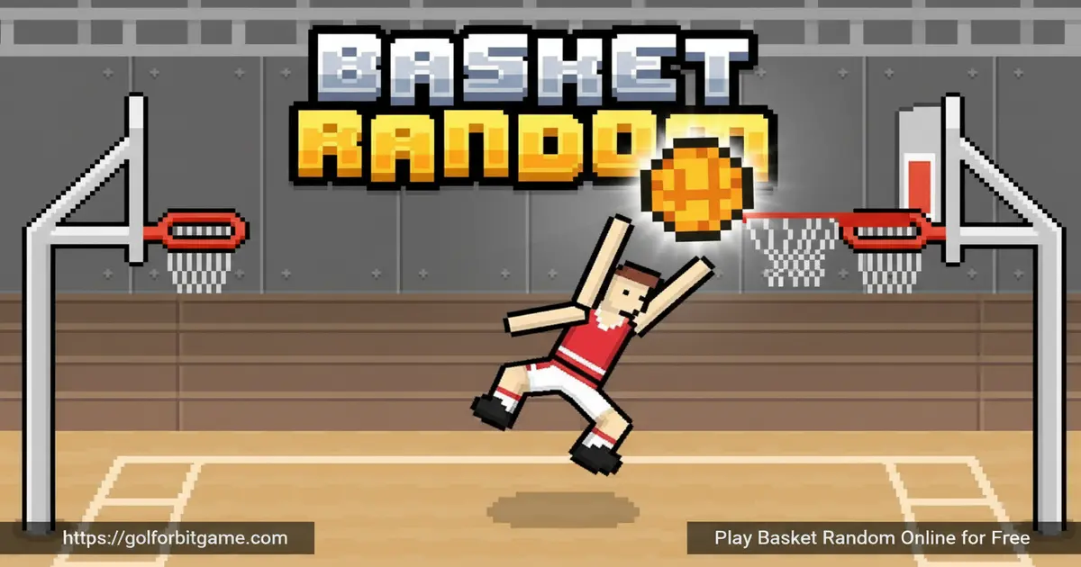 Two pixel-art ragdoll basketball players jumping for a ball on a sunny beach court in Basket Random