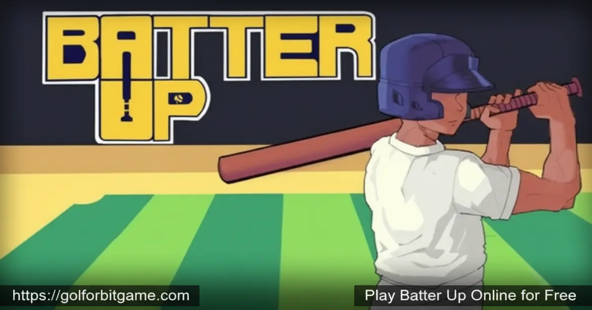 A cartoon baseball player holding a wooden bat ready to hit a pitch in the Batter Up game stadium