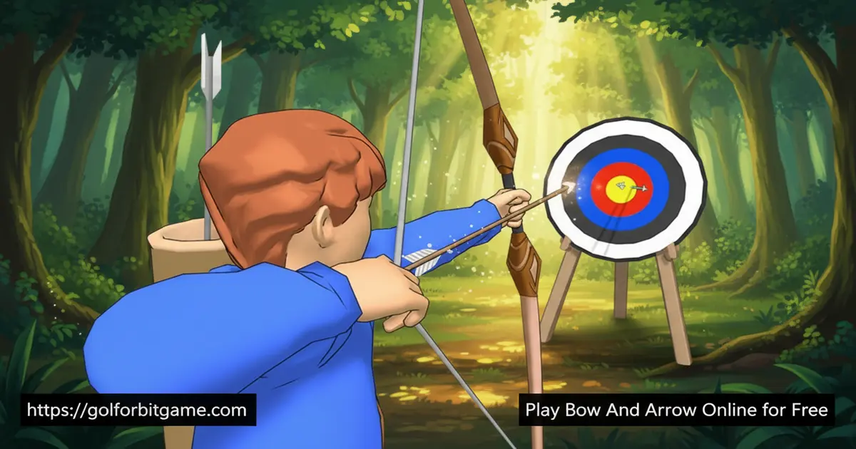 A colorful digital archery range with a wooden bow and a target with a yellow bullseye