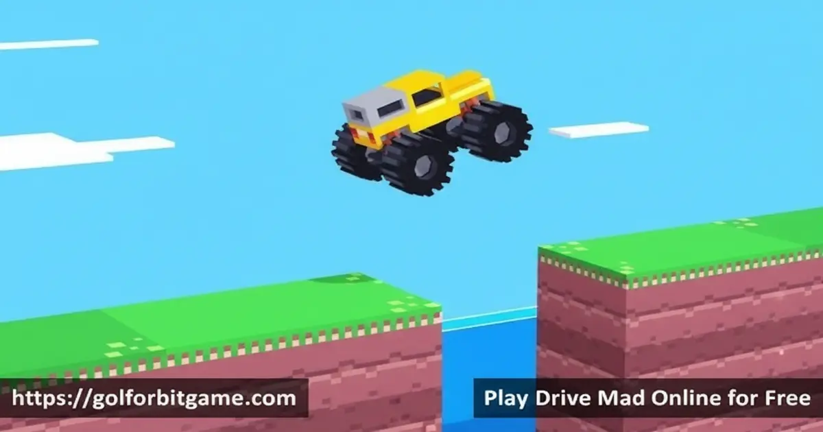 A yellow 4x4 off-road car balancing on a wobbly bridge in the Drive Mad game
