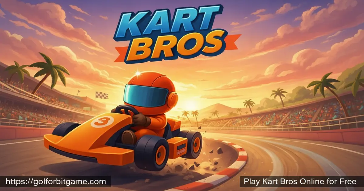 Colorful racers drifting on a pixel-style racetrack with power-up boxes in Kart Bros