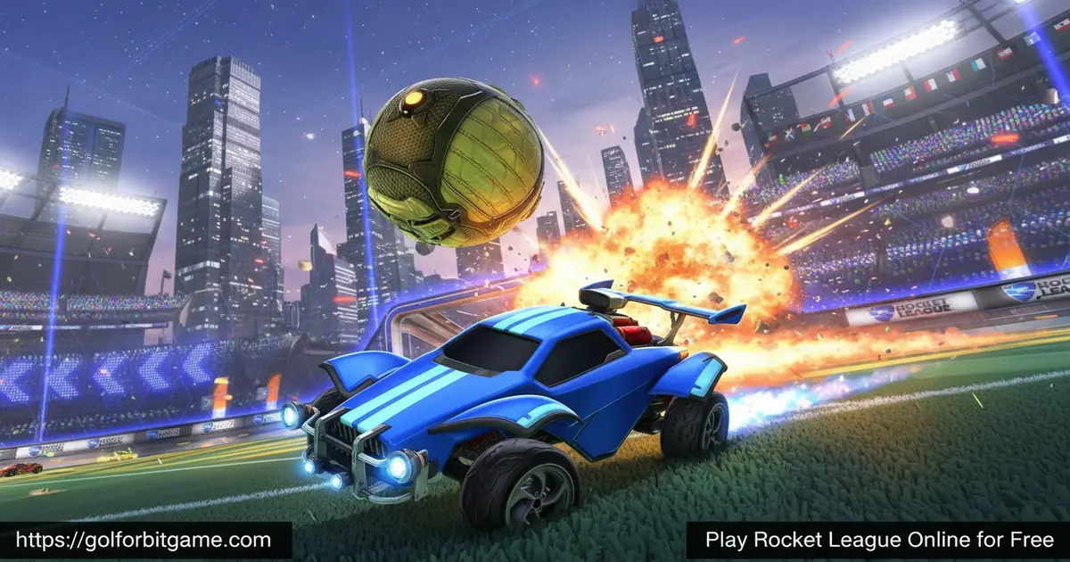 A sleek rocket-powered car performing a jump to hit a giant glowing soccer ball in a neon-lit stadium