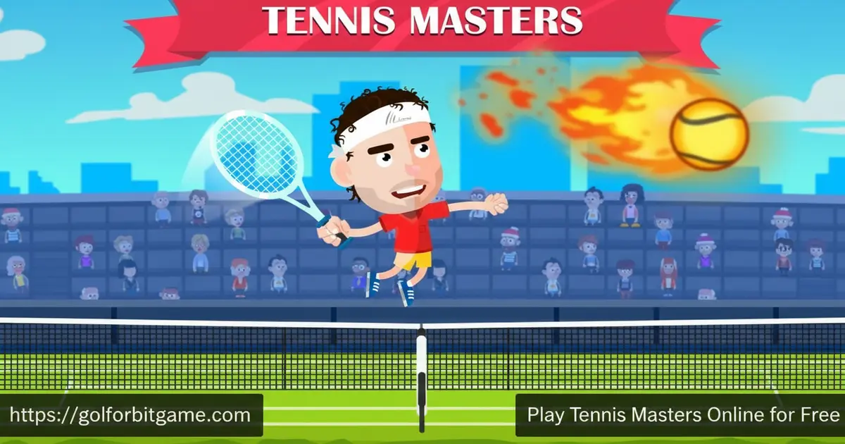 Two funny cartoon tennis players jumping to hit a glowing tennis ball on a bright green court